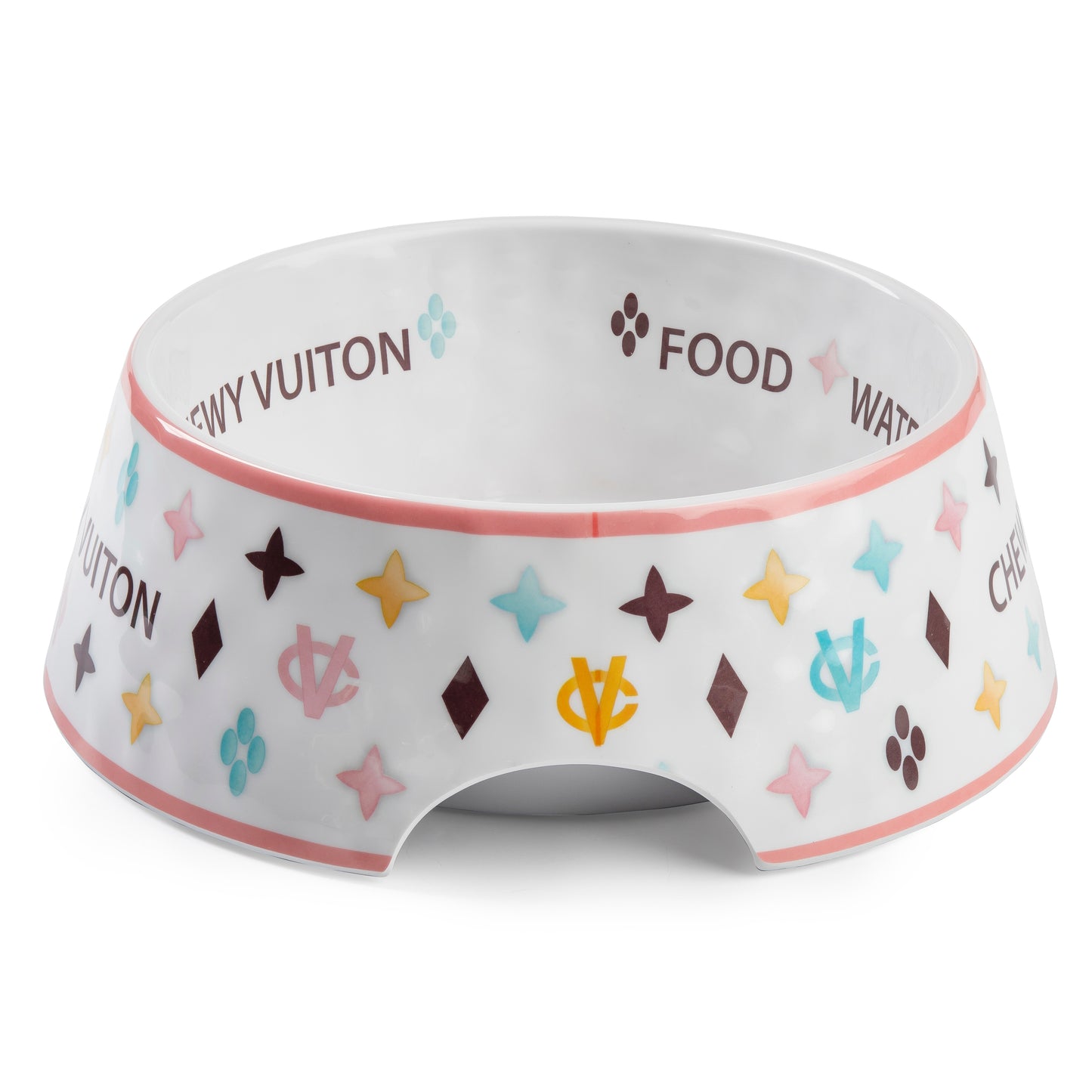 Haute Diggity Dog White Chewy Vuiton Dog Bowl-Large (Set of 2)