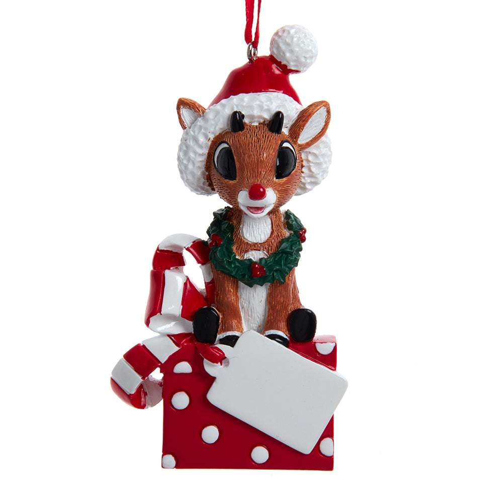 Rudolph the Red Nosed Reindeer On a Present Ornament for Personalization