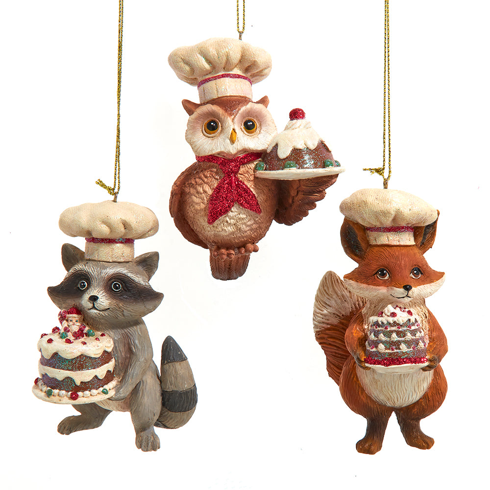 Traditional Nostalgic Owl, Fox & Raccoon Chef with Cake Ornaments