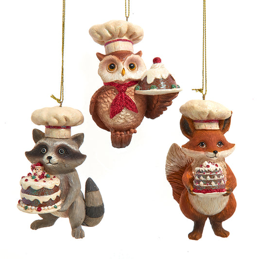 Traditional Nostalgic Owl, Fox & Raccoon Chef with Cake Ornaments