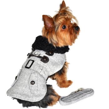 Grey Herringbone Designer Harness Coat and Matching Leash