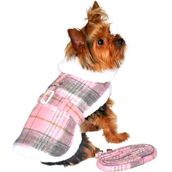 Sherpa-Lined Dog Harness Coat & Matching Leash - Pink & White Plaid