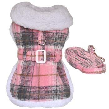 Sherpa-Lined Dog Harness Coat & Matching Leash - Pink & White Plaid